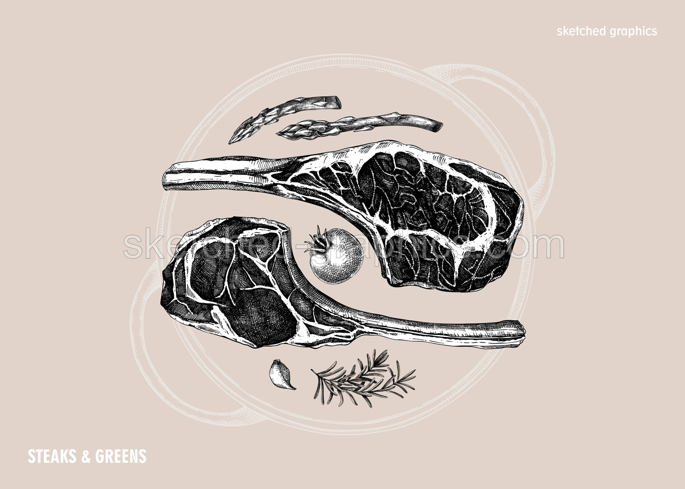 Healthy food background. Meat and vegetables hand drawn design. Tomahawk steak plate vector sketches. Vector food illustration. NOT AI generated Illustration